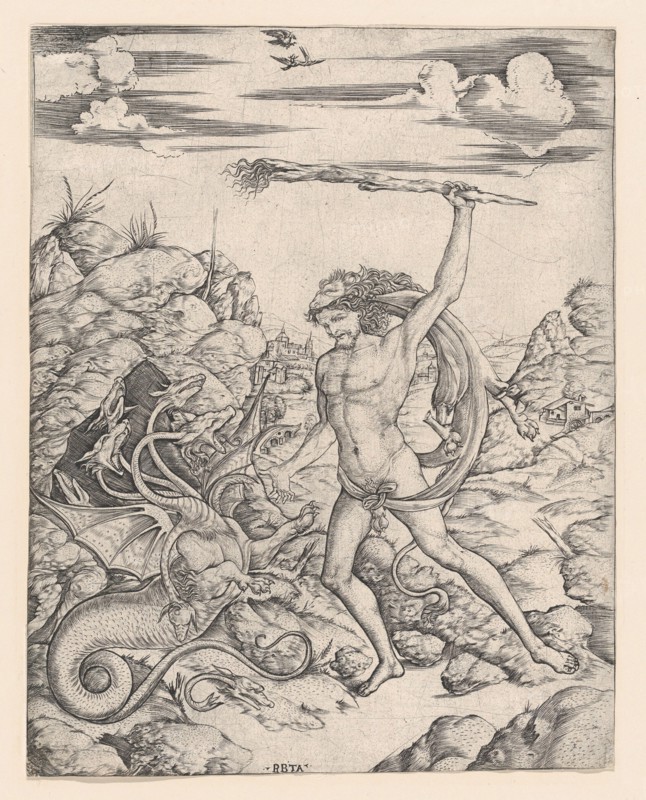Hercules and the Hydra; wielding a torch he attacks the winged