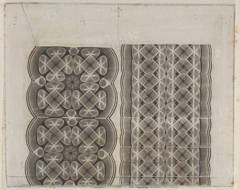Banknote motifs: two bands of lace-like lathe work ornament