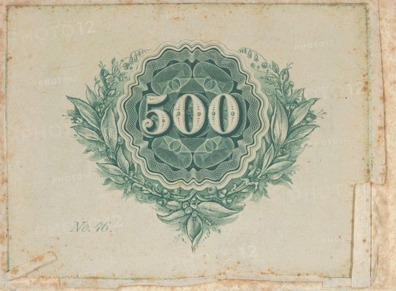 Banknote motif: number 500 at the center of a circular design of lathe work with wa...