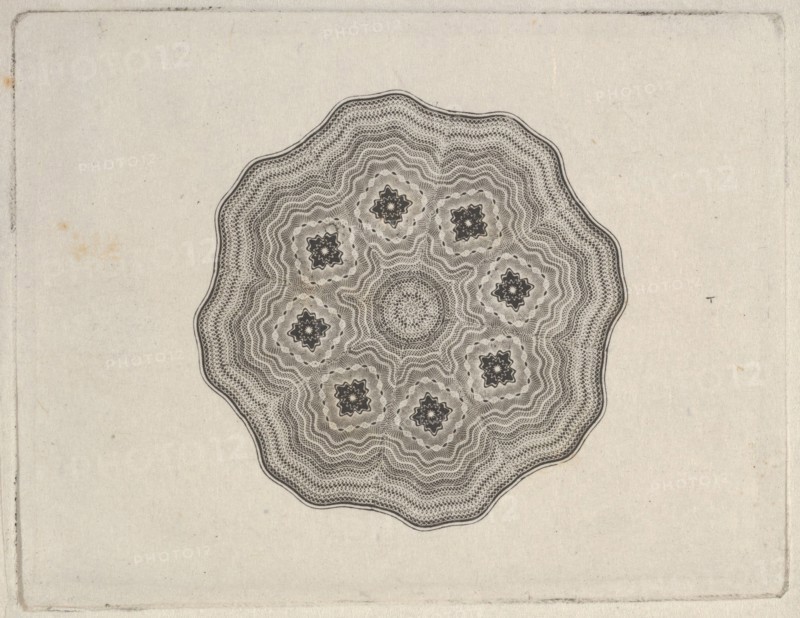 Banknote motif: rounded ornamental lathe work design with a wavy edge