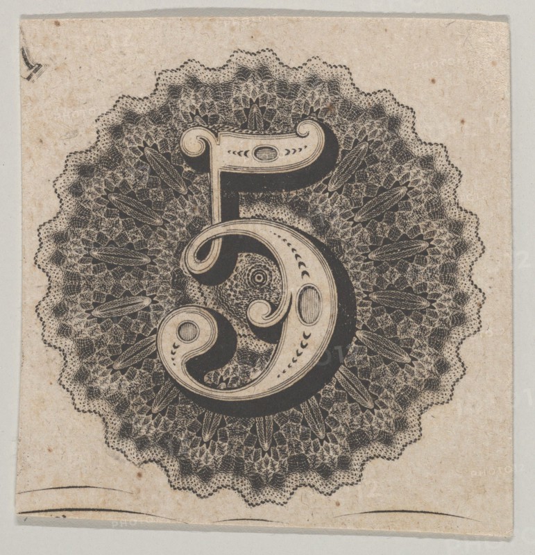 Banknote motif: number 5 against a circular panel of lace-like lathe work with a sc...