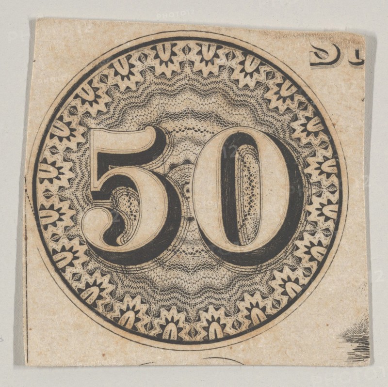 Banknote motif: the number 50 against an ornamental lathe work rondel resembling la...
