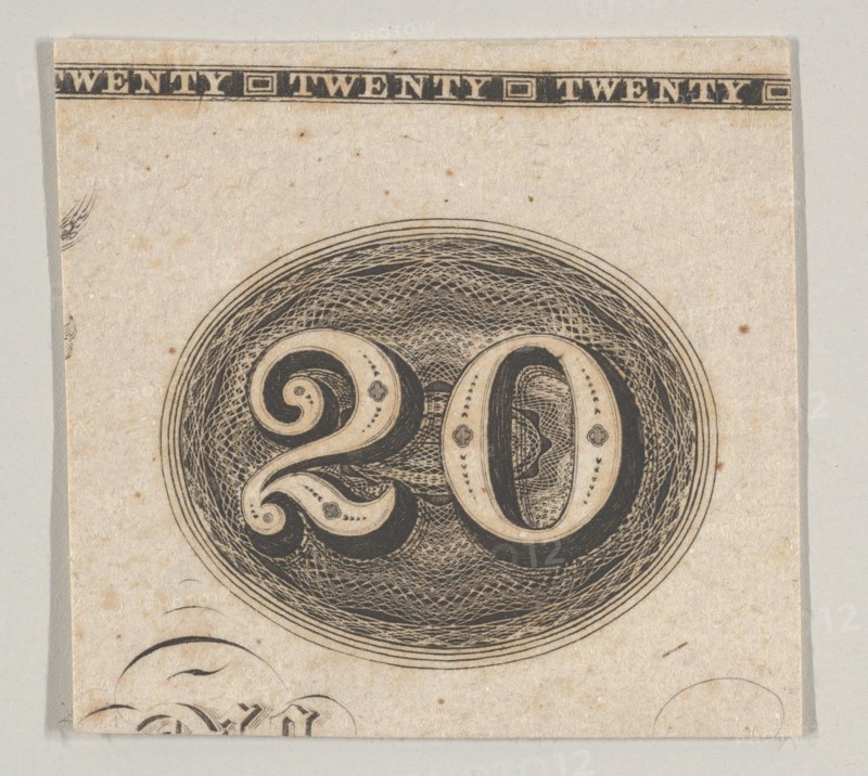 Banknote motif: the number 20 against an ornamental lathe work oval resembling wove...