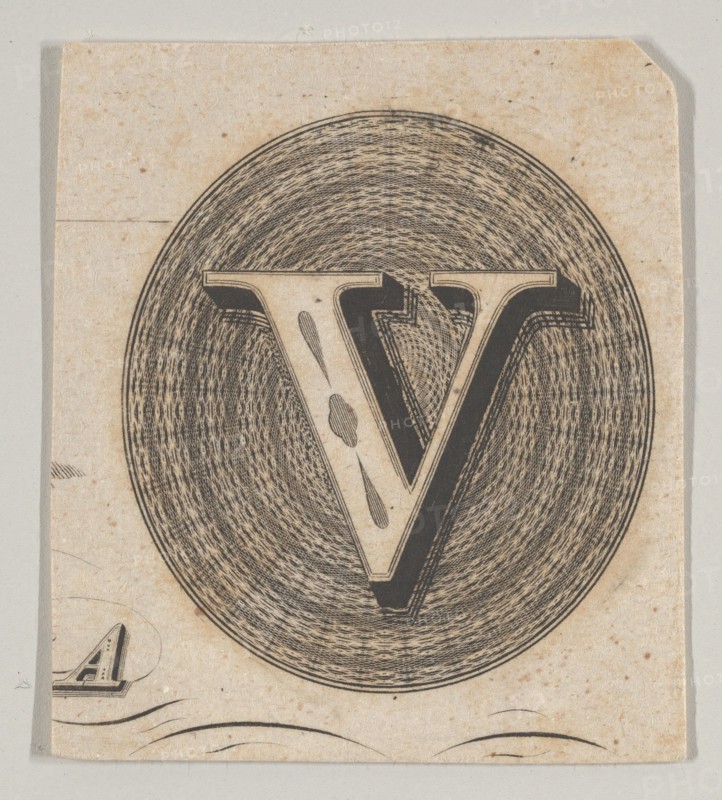 Banknote motif: capital V within an oval containing basket-like lathe work