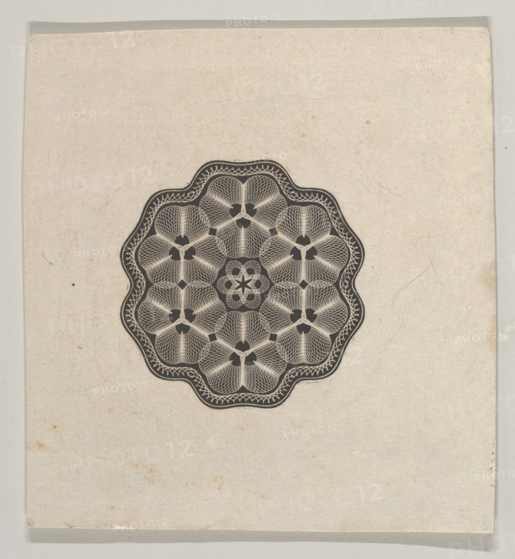 Banknote motif: a small six lobed ornament with a rope border