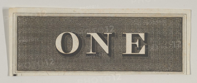 Banknote motif: the word ONE against a rectangle of ornamental basket-like lathe wo...