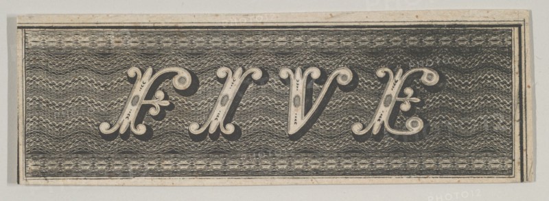 Banknote motif: the word FIVE against a rectangle of ornamental lathe work resembli...