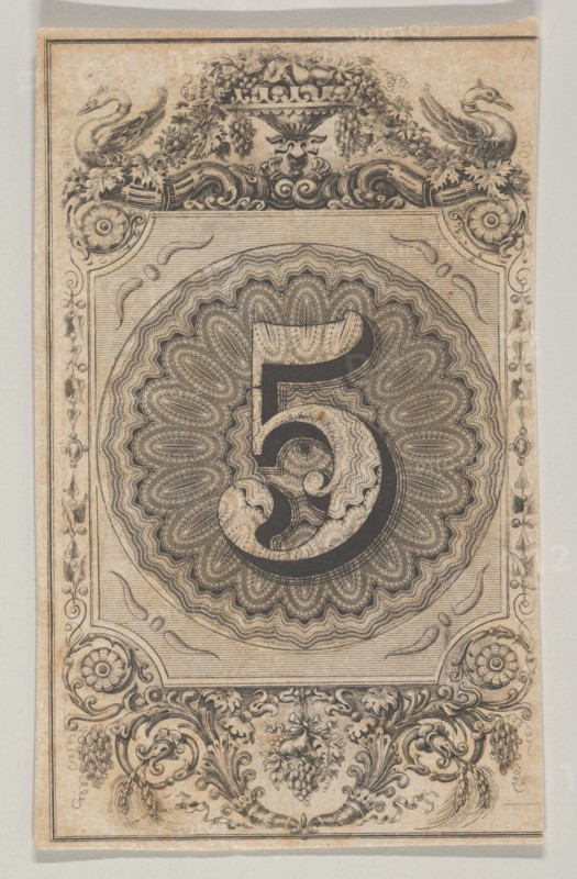 Banknote motif: the number 5 set against a scallop-edged circle of ornamental lathe...