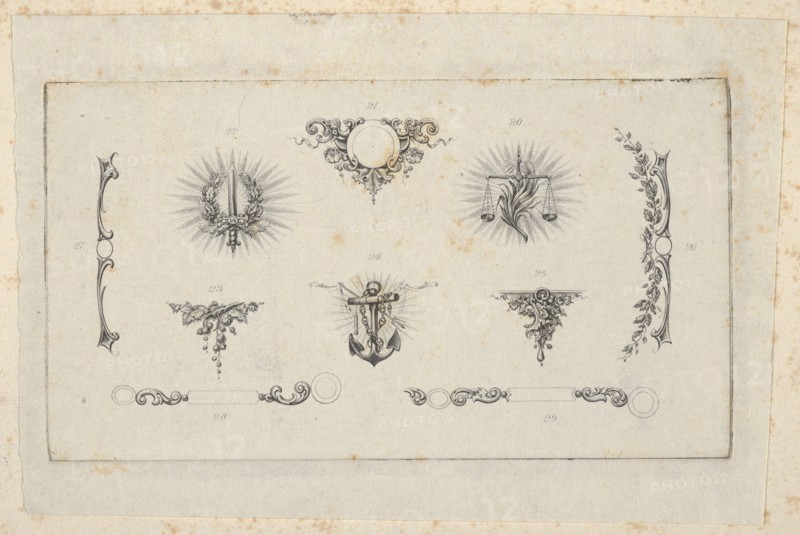 Banknote motif: ten different ornamental lathe work elements including a disk embel...