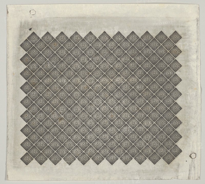 Banknote motif: panel of lathe work ornament composed of tiny 2s each set in a diam...