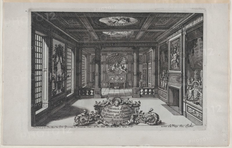 Title Plate with a Cartouche Set in a Lavish Interior