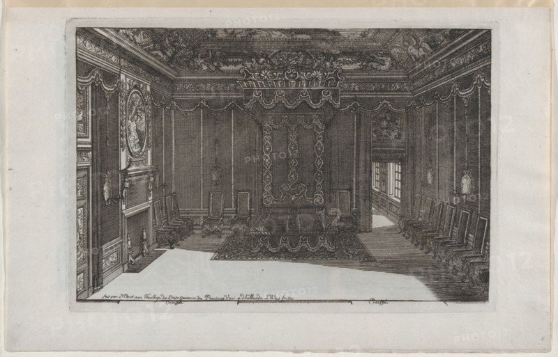 Interior with a Canopy Bed and a Row of Chairs Lining the Walls