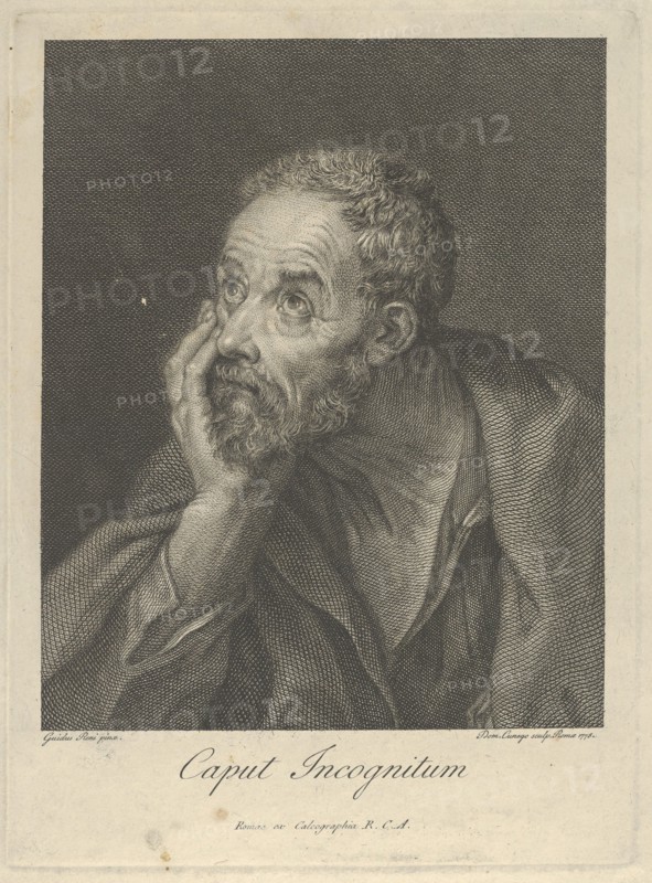 An old bearded man resting his head on his right hand and looking upwards to the left