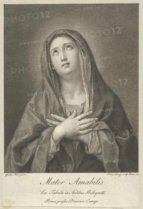 The Virgin looking upwards with hands crossed over her chest