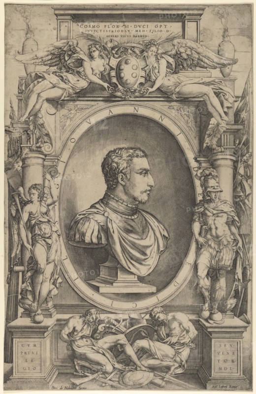Portrait of Giovanni de' Medici facing right within an elaborate cartouche flanked by Vict...