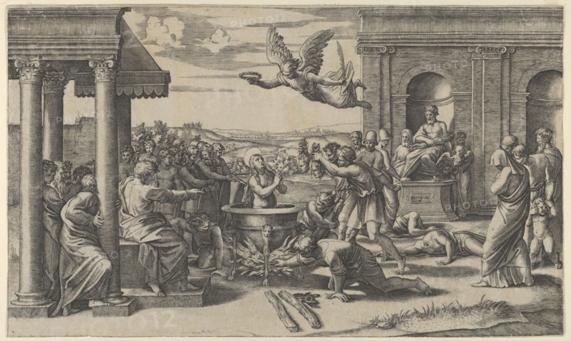The Martyrdom of Saint Cecilia standing naked in a large cauldron