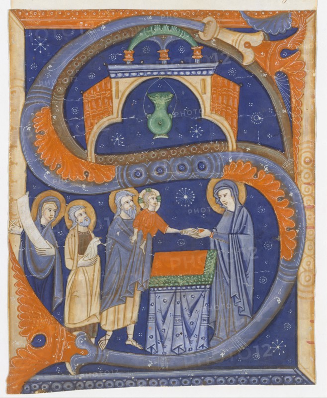 Manuscript Illumination with the Presentation of Christ in the Temple in an Initial S...