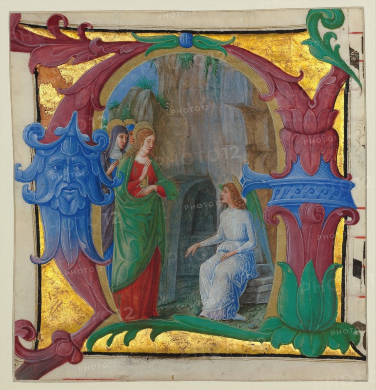 Manuscript Illumination with the Holy Women at the Tomb in an Initial A...