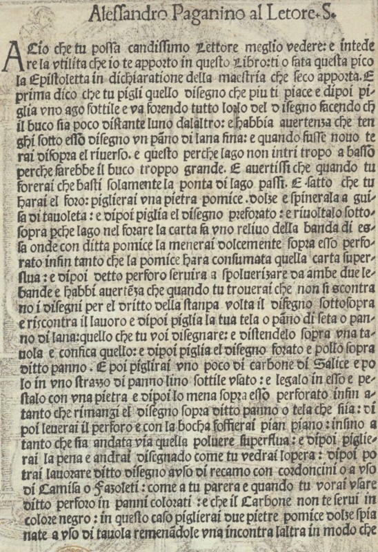Libro quarto. De rechami per elquale se impara in diuersi modi lordine e il modo de recamare...Opera noua, title page (verso), ca. 1532.