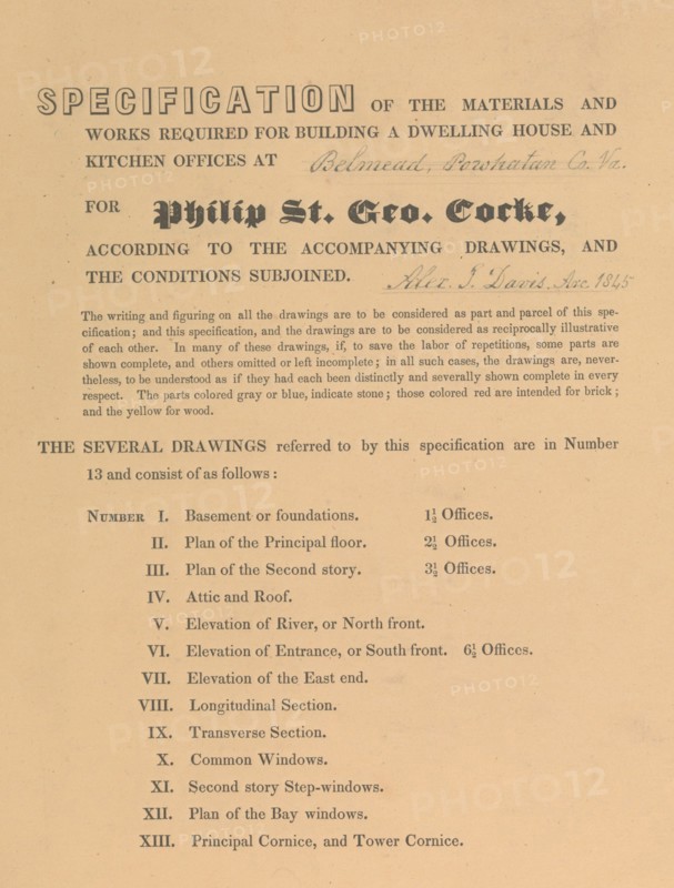 Specifications for "Belmead", James River, Virginia for Philip St. George Cocke, 1845. [Belmead, Powhatan County