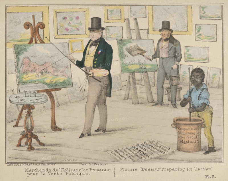 Vive la France, Marchands de "Tableaux" se Preparant pour la Vente Publique / Picture "Dealers" Preparing for "Auction", 1840.