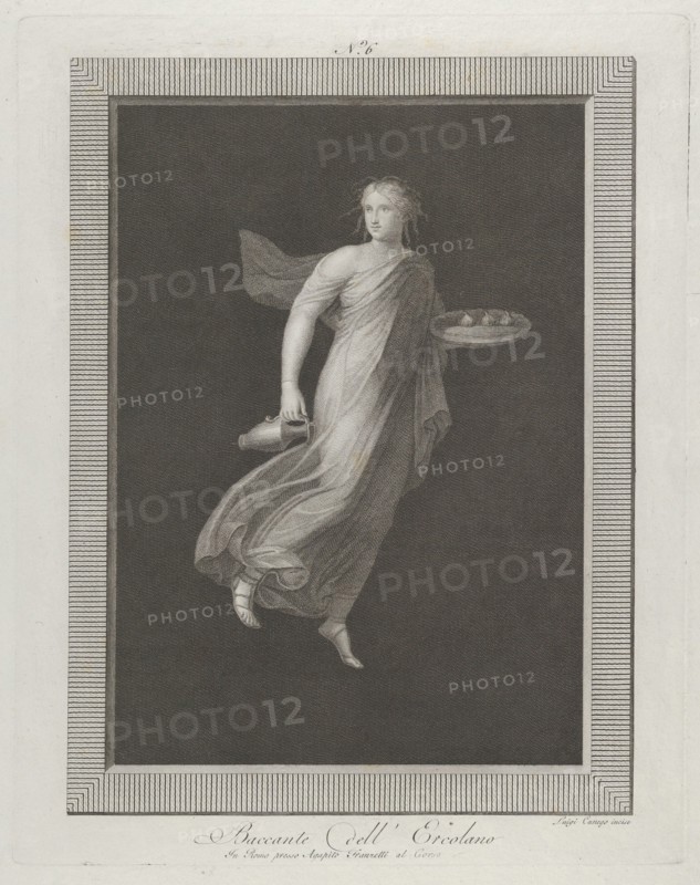 A bacchante holding a pitcher in her right hand and carrying in her left hand an oval dish containing three figs, set against a black background inside a rectangular frame, 1795-1820. Baccante dell'Ercolano]