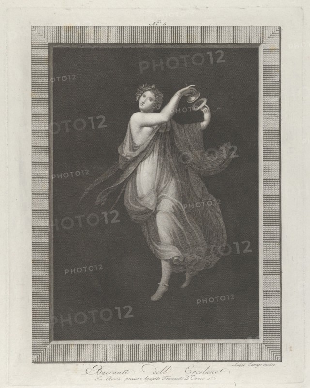 A bacchante, a garland on her head, and playing cymbals, set against a black background inside a rectangular frame, 1795-1820. [Baccante dell'Ercolano].