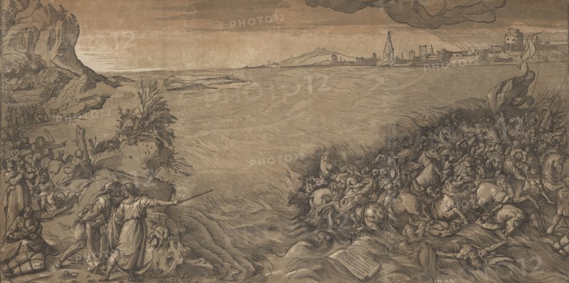 The crossing of the red sea, Moses stands at the left pointing to the army being submerged, after Titian, 1589.
