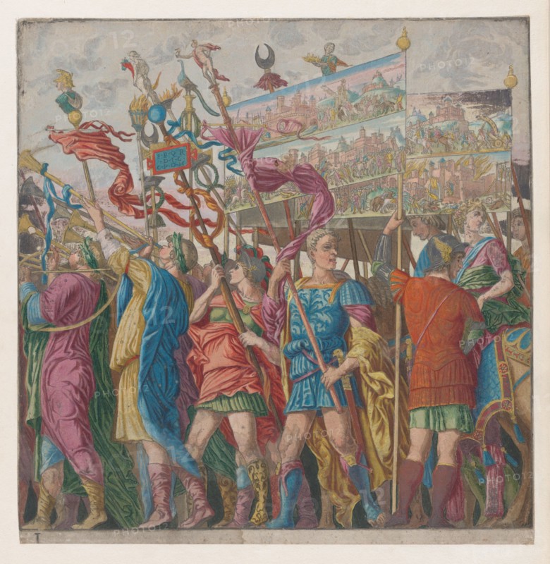 Sheet 1: Soldiers carrying banners depicting Julius Caesar's triumphant military exploits, from The Triumph of Julius Caesar, 1599.