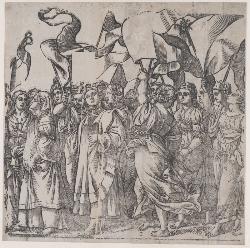 Section C: female martyrs and saints holding banners, from The Triumph of Christ, 1836.