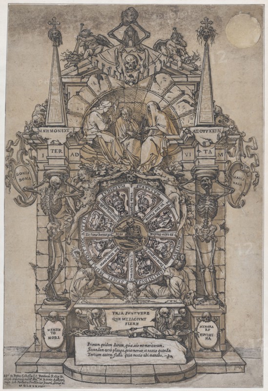 Triumph of Death with three fates in an architectural frame above a wheel of fortune flanked by skeletons; a skull and an hour glass at top and with wheel intended to spin at center, 1588.