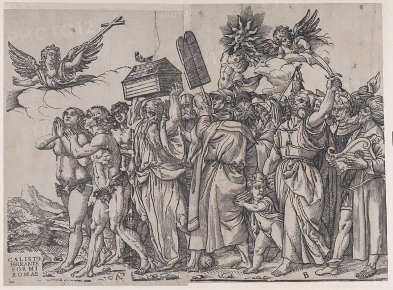 Section A: an angel holding a cross at upper left, Adam and Eve below, from The Triumph of Christ, 1836.