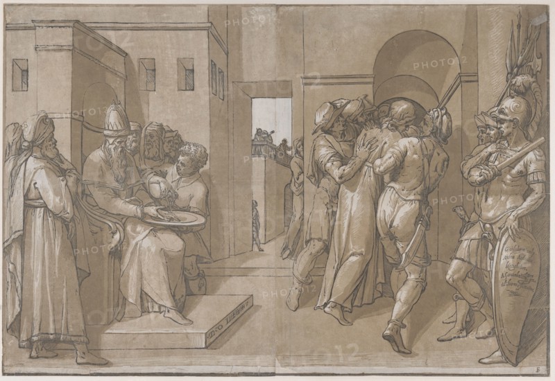 Christ is being led away, soldiers stand at the right (right side of sheet), 1585.