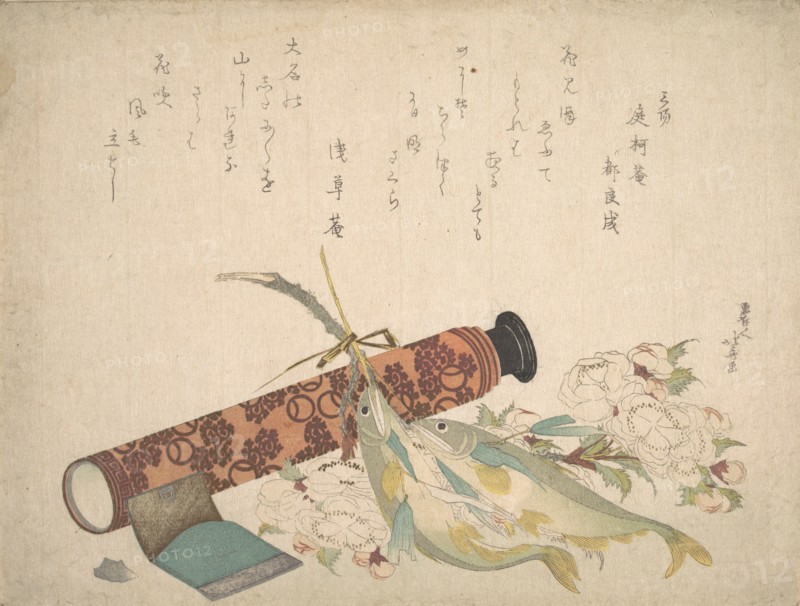 Still Life: Double Cherry-Blossom Branch, Telescope, Sweet Fish, and Tissue Case, ca. 1804-13.