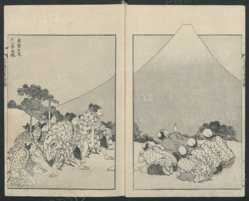 Sliding Down (left); The Opening of Fuji (right) from One Hundred Views of Mount Fuji, 1834.