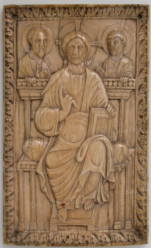 Plaque with Christ enthroned with two Apostles, Carolingian, 850-875.  Christ flanked by Saints Peter and Paul