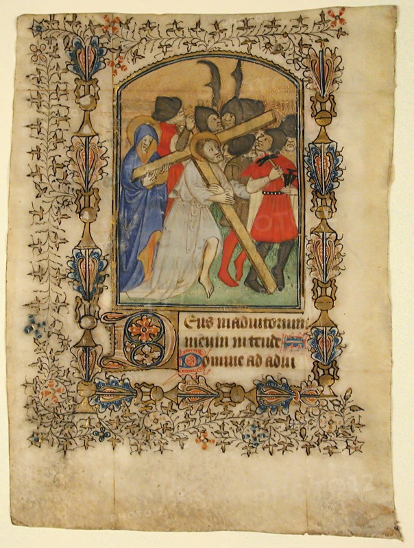 Manuscript Leaf from a Book of Hours Showing an Illuminated Initial D and Christ Bearing the Cross, French, 1390-1400.