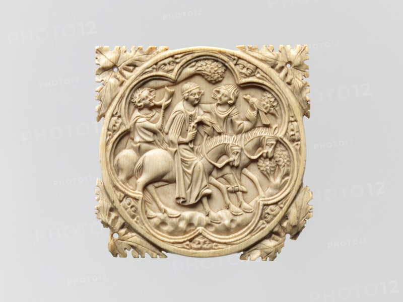 Ivory Mirror Case with a Falconing Party, French, 1330-60.