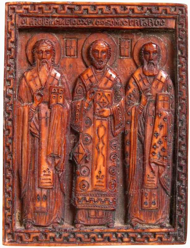 Icon with Three Church Fathers, Greek, ca. 1500 or later. Saints Basil, John Chrysostom, and Gregory [of Nazianzos],