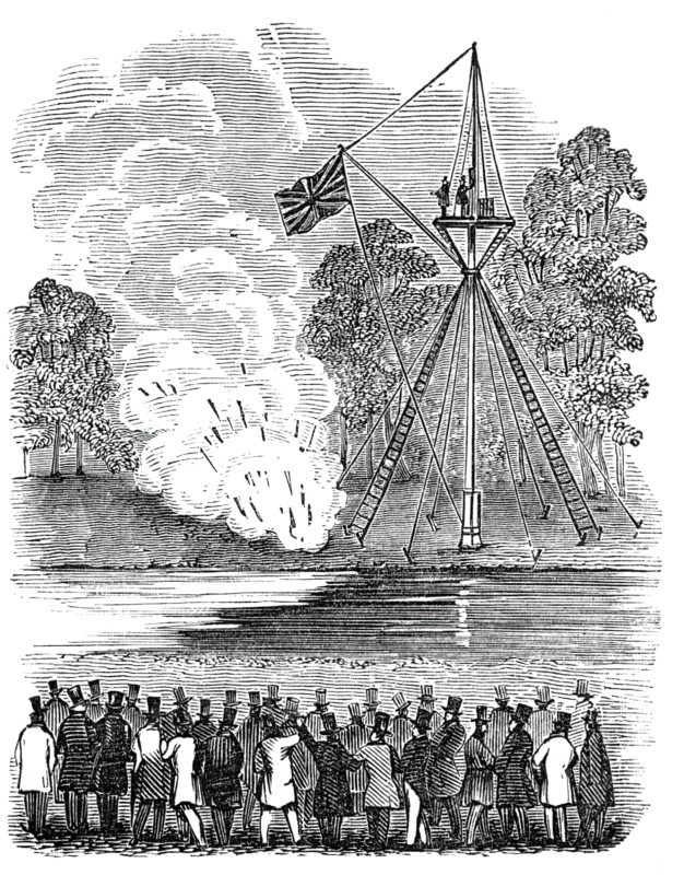 Novel experiments in warfare - shower of hand-rockets, 1844. Creator: Unknown.