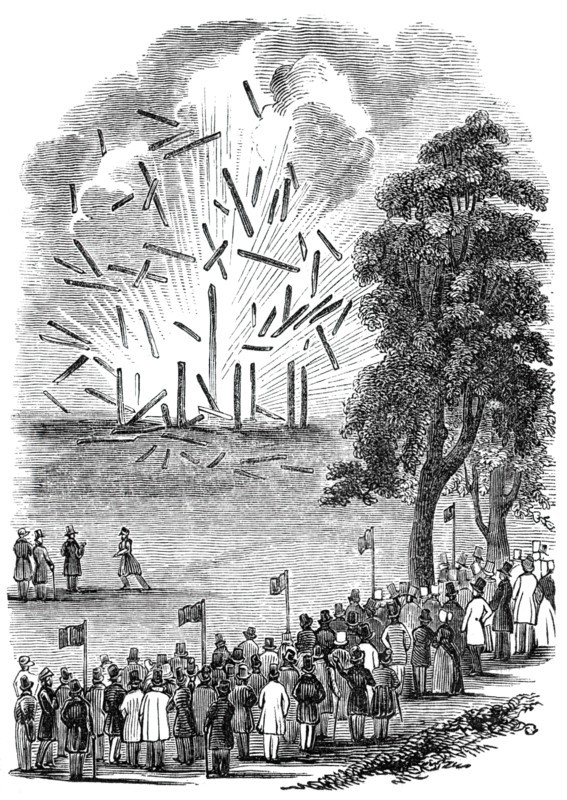 Novel experiments in warfare - hut destroyed by a shell, 1844. Creator: Unknown.