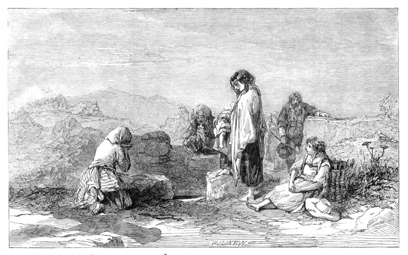 Pilgrims to the Holy Well - by F.W. Topham - from the new water colour exhibition, 1845. Creator: W. J. Linton.