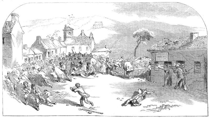 The conflict at Ballinhassig - sketched by Mr. Mahony, Cork, 1845. Creator: Smyth.