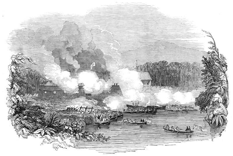 The British Admiral's attack on the Borneo pirates, 1845. Creator: Unknown.