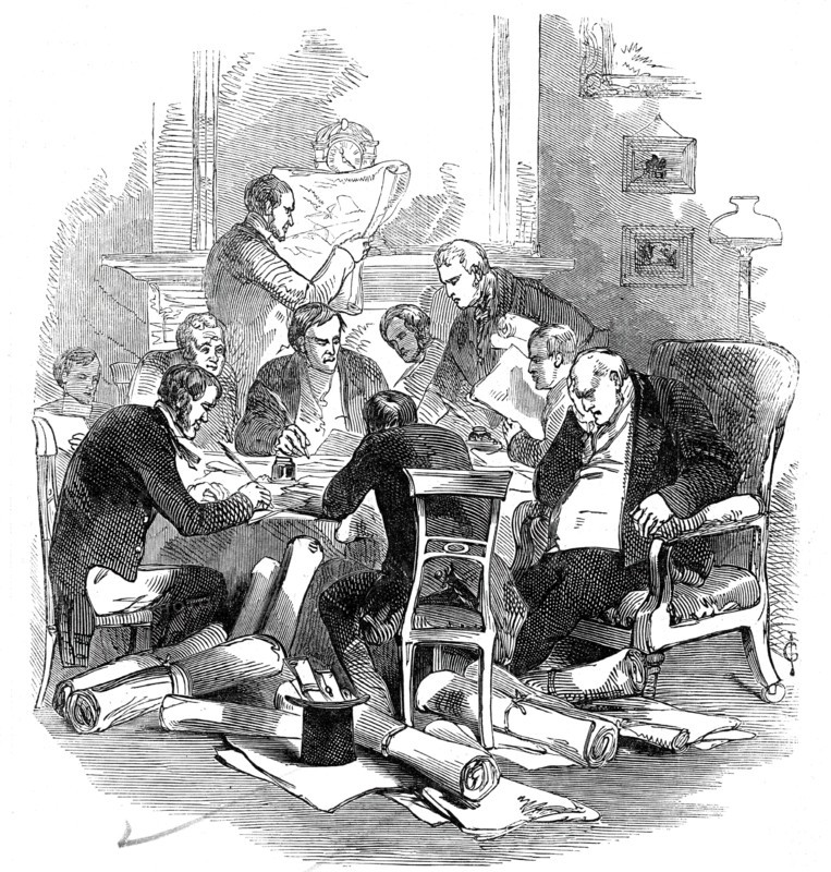 Eve of the 30th - correcting plans at a tavern, 1845. Creator: Unknown.