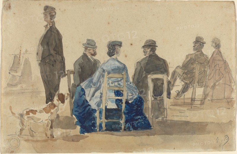 Ladies and Gentlemen Seated on the Beach with a Dog