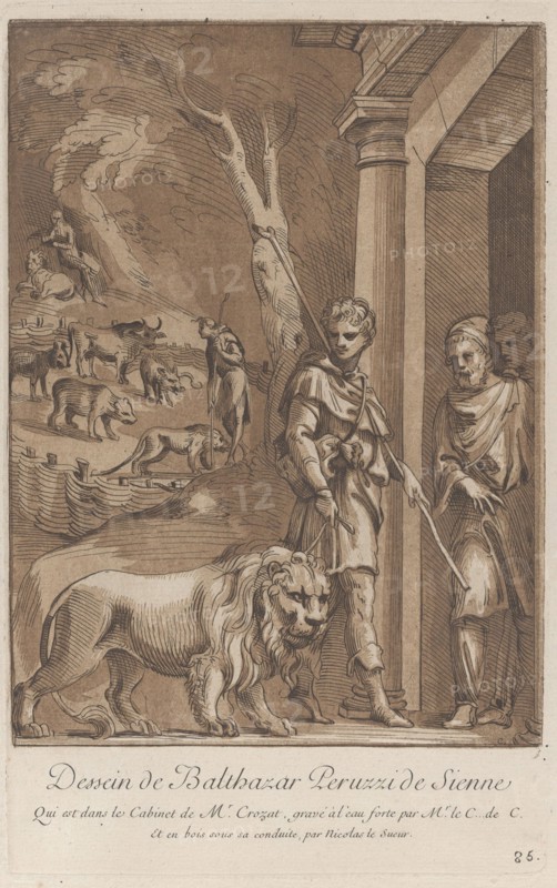 A shepherd holding a lion on a leash in the foreground