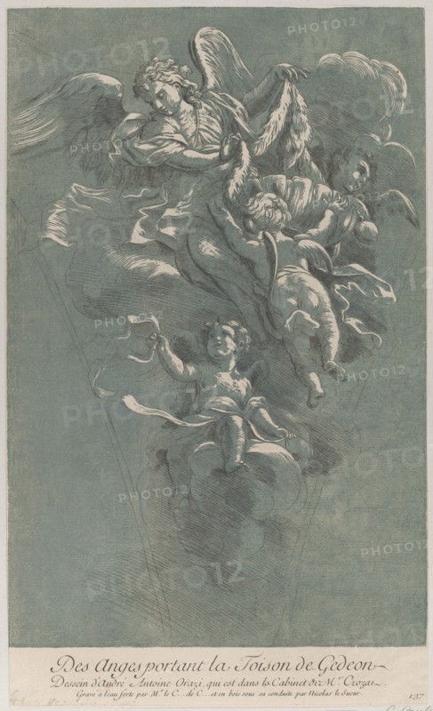 Three angels carrying Gideon's fleece; from 'Recueil d'estampes d'après les plus be...