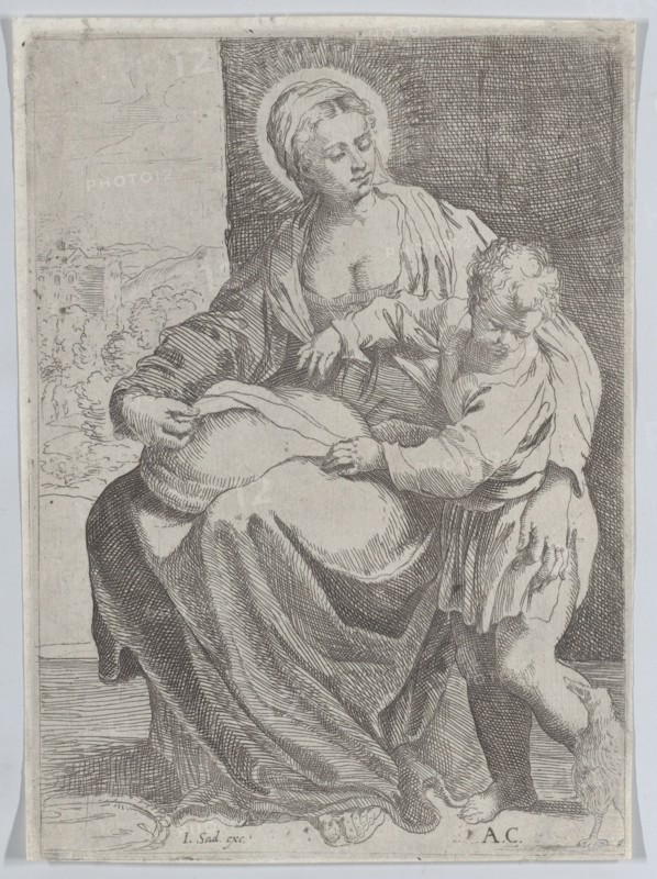 The Virgin seated holding a pillow on her lap with the young Christ standing at right...