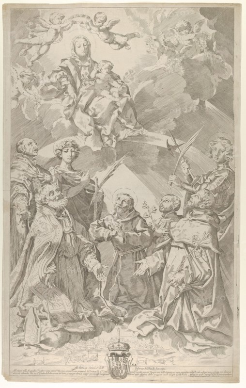 Patron saints of Bologna looking upwards at the Virgin who is seated in the clouds with...